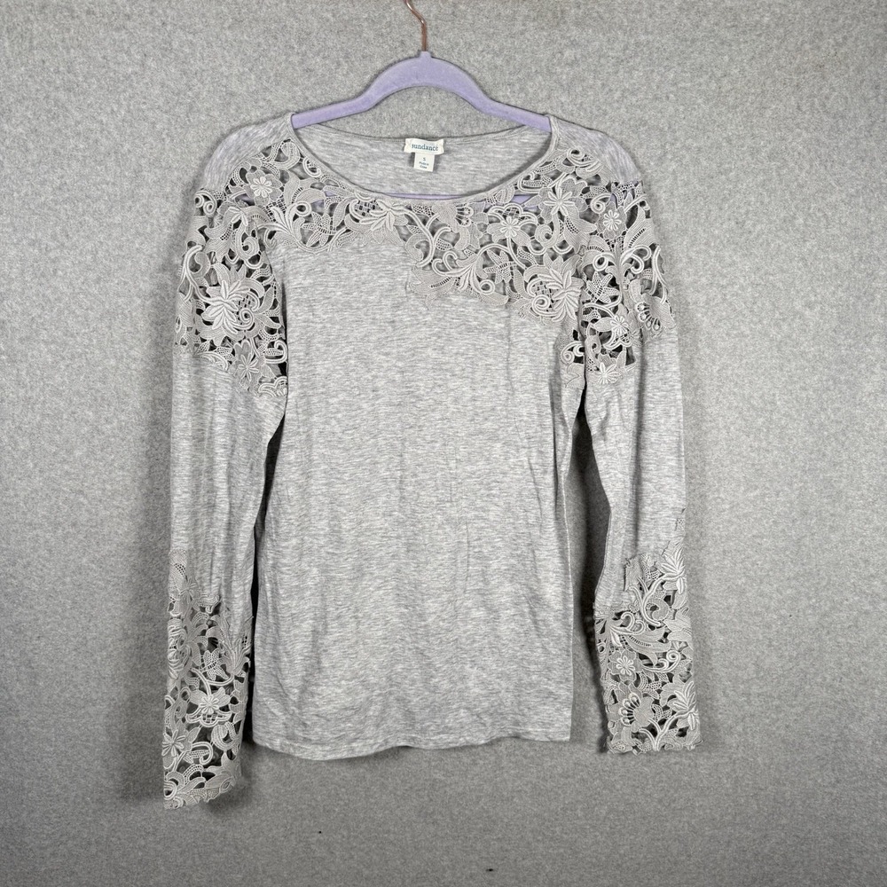 Sundance Thermal Womens Small Gray Lace Eyelet Long Sleeve Cotton Shirt‎